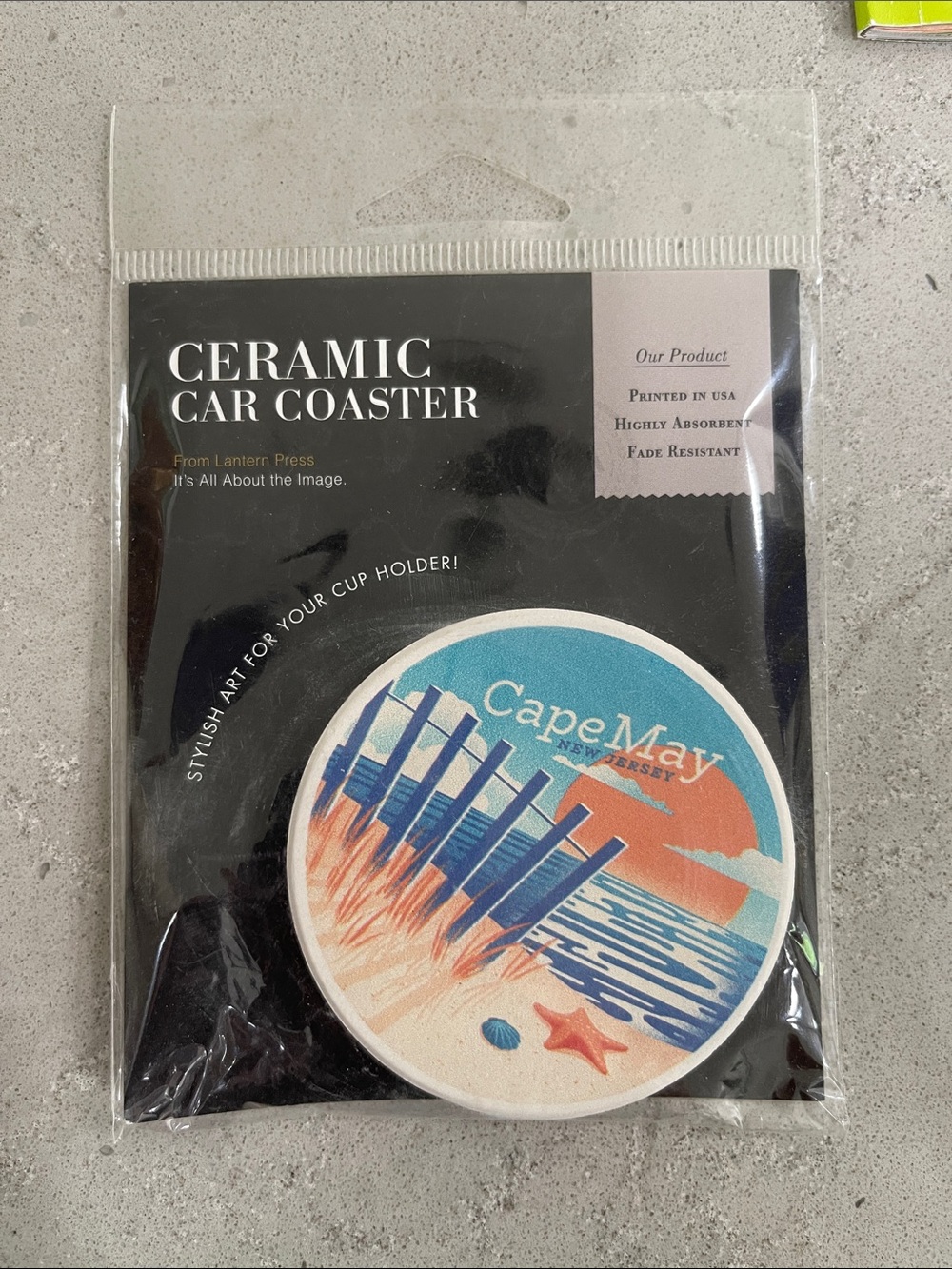 Amazon Ceramic Car Coaster - Cape May Beach Artwork (Blue, Orange, White)